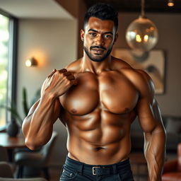 A strong, muscular, mulatto man without a shirt, confidently and provocatively touching himself, displaying his toned physique and confident attitude