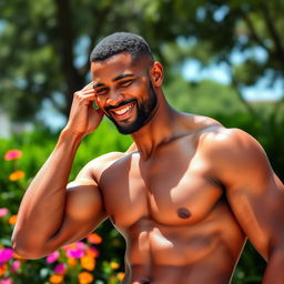 A strong, muscular, mulatto man without a shirt, casually scratching himself, displaying his toned body and relaxed demeanor