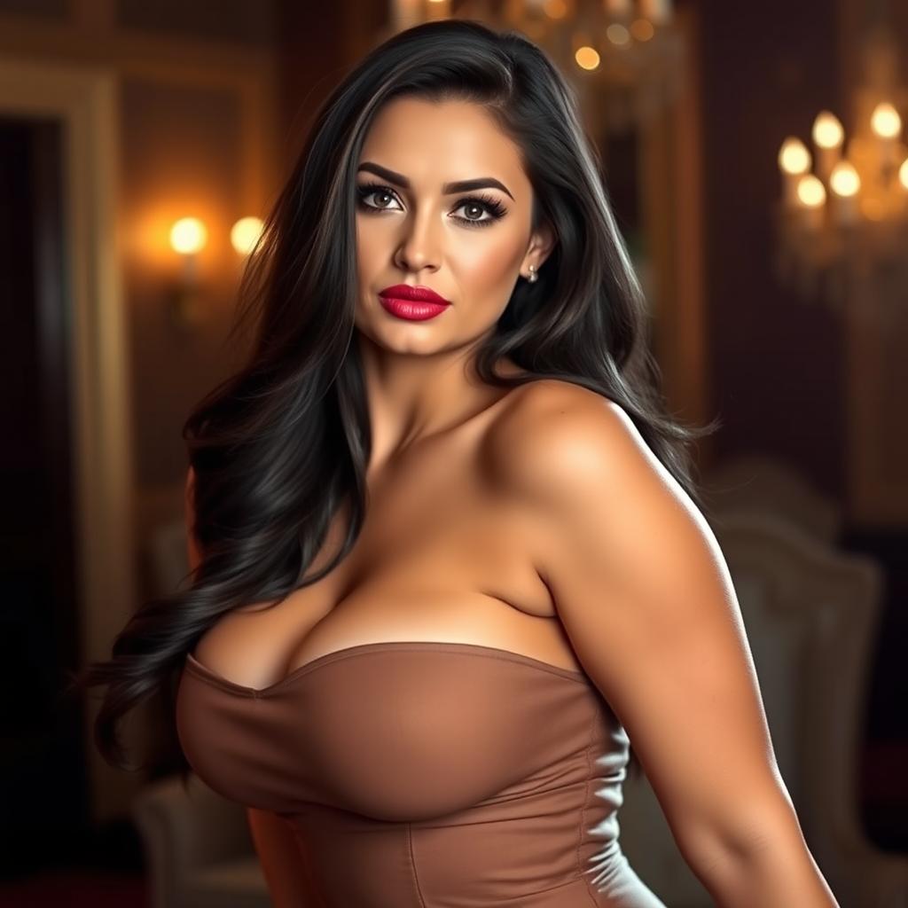 A beautiful, voluptuous woman with prominent curves, exuding an aura of seduction and confidence