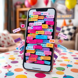 A playful prank scene where a smartphone screen is filled with a flurry of notifications, showing a colorful array of over 99 message alerts from various messaging apps