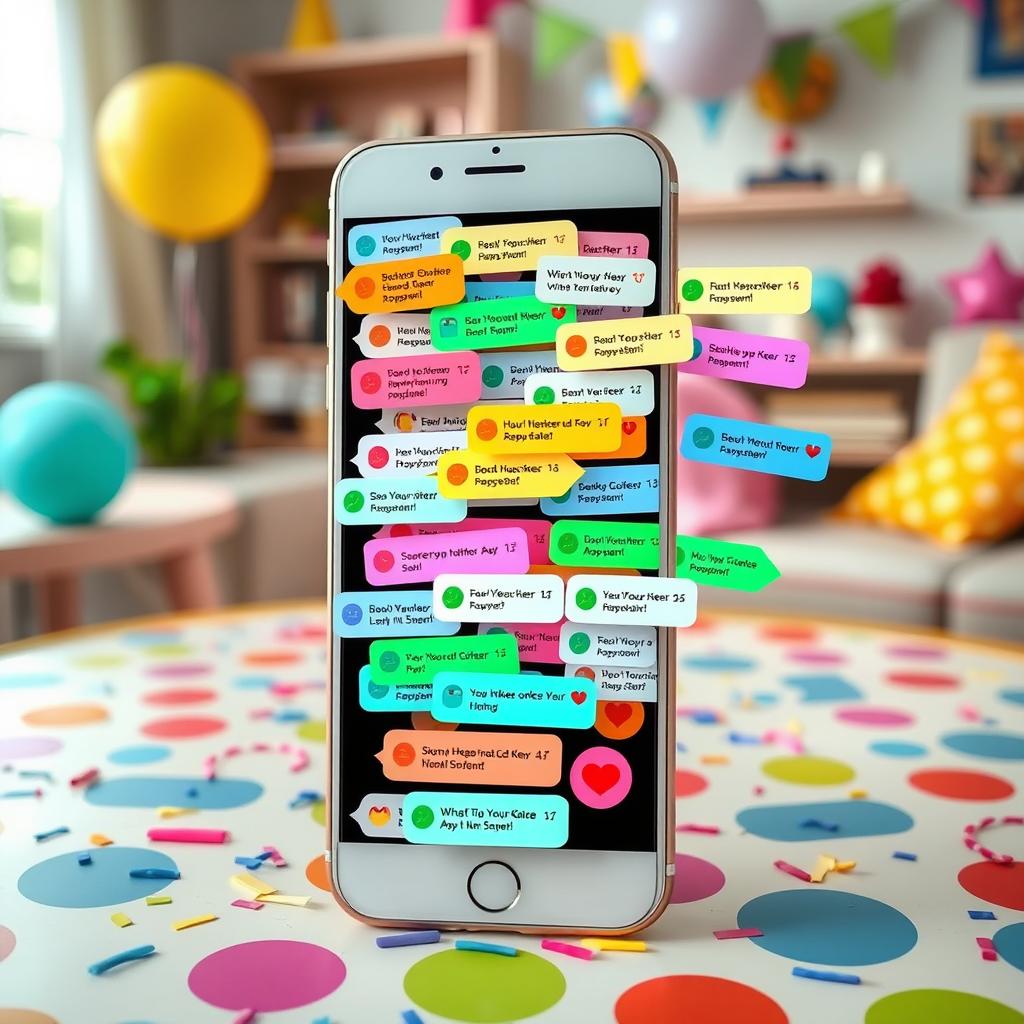 A playful prank scene where a smartphone screen is filled with a flurry of notifications, showing a colorful array of over 99 message alerts from various messaging apps