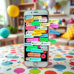 A playful prank scene where a smartphone screen is filled with a flurry of notifications, showing a colorful array of over 99 message alerts from various messaging apps