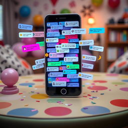 A playful prank scene where a smartphone screen is filled with a flurry of notifications, showing a colorful array of over 99 message alerts from various messaging apps