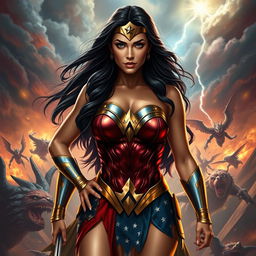 Wonder Woman, depicted in her iconic warrior attire that features a revealing dress highlighting her ample cleavage, with a heroic stance