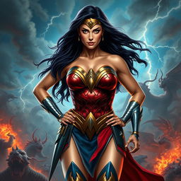Wonder Woman, depicted in her iconic warrior attire that features a revealing dress highlighting her ample cleavage, with a heroic stance
