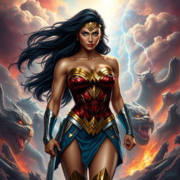 Wonder Woman, depicted in her iconic warrior attire that features a revealing dress highlighting her ample cleavage, with a heroic stance