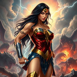 Wonder Woman, depicted in her iconic warrior attire that features a revealing dress highlighting her ample cleavage, with a heroic stance