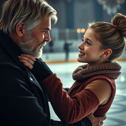 A dramatic scene capturing a figure skating lesson where a young female student, with a youthful and captivating face reminiscent of the movie 'Ice Princess', is intimately engaged with her older instructor