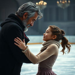 A dramatic scene capturing a figure skating lesson where a young female student, with a youthful and captivating face reminiscent of the movie 'Ice Princess', is intimately engaged with her older instructor