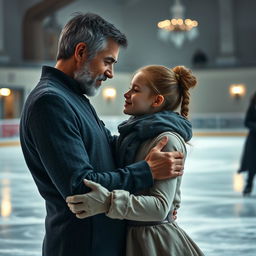 A dramatic scene capturing a figure skating lesson where a young female student, with a youthful and captivating face reminiscent of the movie 'Ice Princess', is intimately engaged with her older instructor