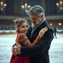 A dramatic scene capturing a figure skating lesson where a young female student, with a youthful and captivating face reminiscent of the movie 'Ice Princess', is intimately engaged with her older instructor