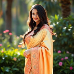 Sunny Leone, portrayed as a stunning actress wearing an elegant saree, beautifully draped in a traditional style