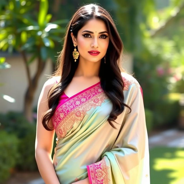 Sunny Leone, portrayed as a stunning actress wearing an elegant saree, beautifully draped in a traditional style