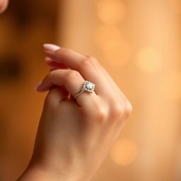 A close-up shot of a beautiful hand wearing a delicate wedding ring on the ring finger