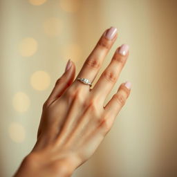 A close-up shot of a beautiful hand wearing a delicate wedding ring on the ring finger