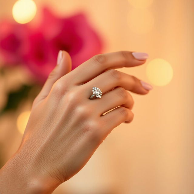 A close-up shot of a beautiful hand wearing a delicate wedding ring on the ring finger