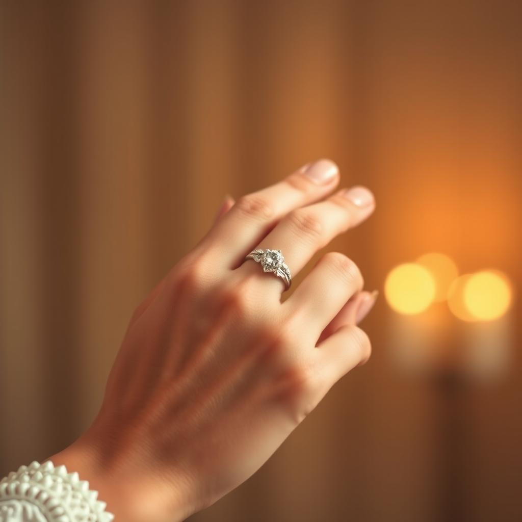 A close-up shot of a beautiful hand wearing a delicate wedding ring on the ring finger