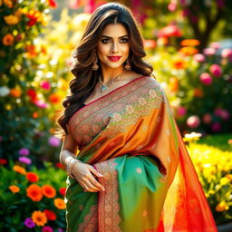 A stunning actress resembling Sunny Leone, gracefully adorned in an exquisite saree