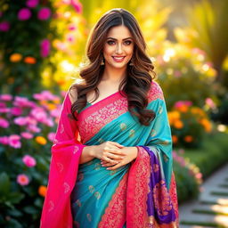 A stunning actress resembling Sunny Leone, gracefully adorned in an exquisite saree