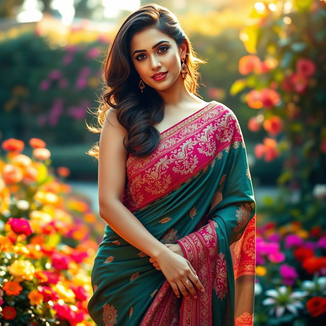 A stunning actress resembling Sunny Leone, gracefully adorned in an exquisite saree