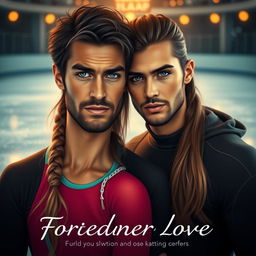 A captivating fanfic cover featuring a serious, rugged male figure representing a skating teacher, characterized by strong facial features and an intense gaze