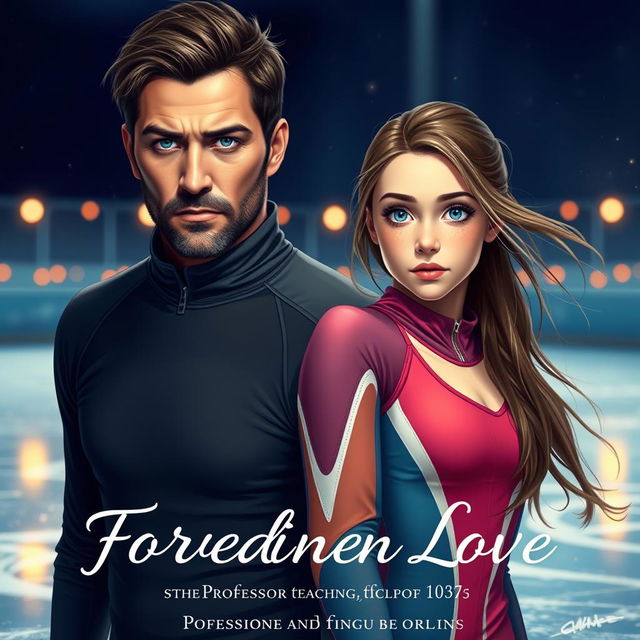 A captivating fanfic cover featuring a serious, rugged male figure representing a skating teacher, characterized by strong facial features and an intense gaze