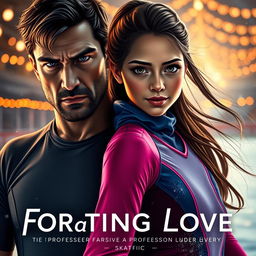 A captivating fanfic cover featuring a serious, rugged male figure representing a skating teacher, characterized by strong facial features and an intense gaze