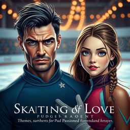 A captivating fanfic cover featuring a serious, rugged male figure representing a skating teacher, characterized by strong facial features and an intense gaze