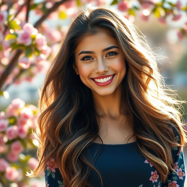 A stunning, vibrant portrait of a confident young woman with long, flowing hair, wearing a stylish outfit that reflects her personality