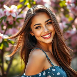 A stunning, vibrant portrait of a confident young woman with long, flowing hair, wearing a stylish outfit that reflects her personality