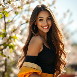 A stunning, vibrant portrait of a confident young woman with long, flowing hair, wearing a stylish outfit that reflects her personality