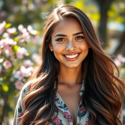 A stunning, vibrant portrait of a confident young woman with long, flowing hair, wearing a stylish outfit that reflects her personality