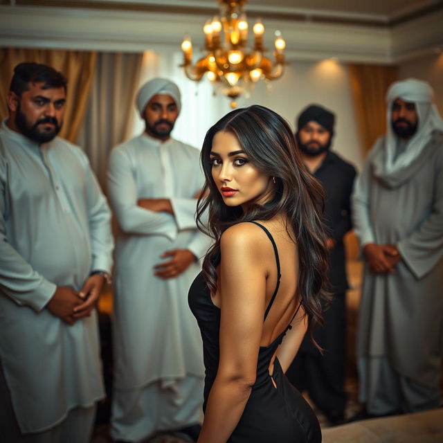 A seductive scene featuring a beautiful, attractive woman with a sultry expression, glancing at several muscular men in traditional Muslim attire