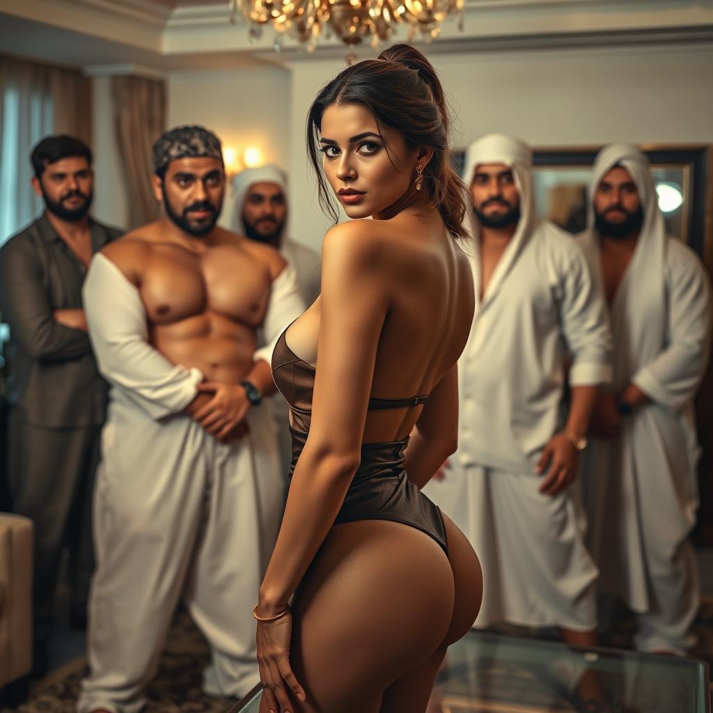 A seductive scene featuring a beautiful, attractive woman with a sultry expression, glancing at several muscular men in traditional Muslim attire