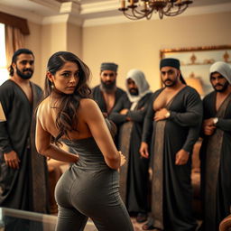 A seductive scene featuring a beautiful, attractive woman with a sultry expression, glancing at several muscular men in traditional Muslim attire