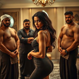 A seductive scene featuring a beautiful, attractive woman with a sultry expression, glancing at several muscular men in traditional Muslim attire