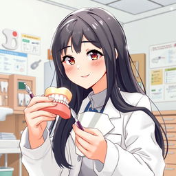 A drawing of a girl studying dentistry, with long black hair flowing down her back