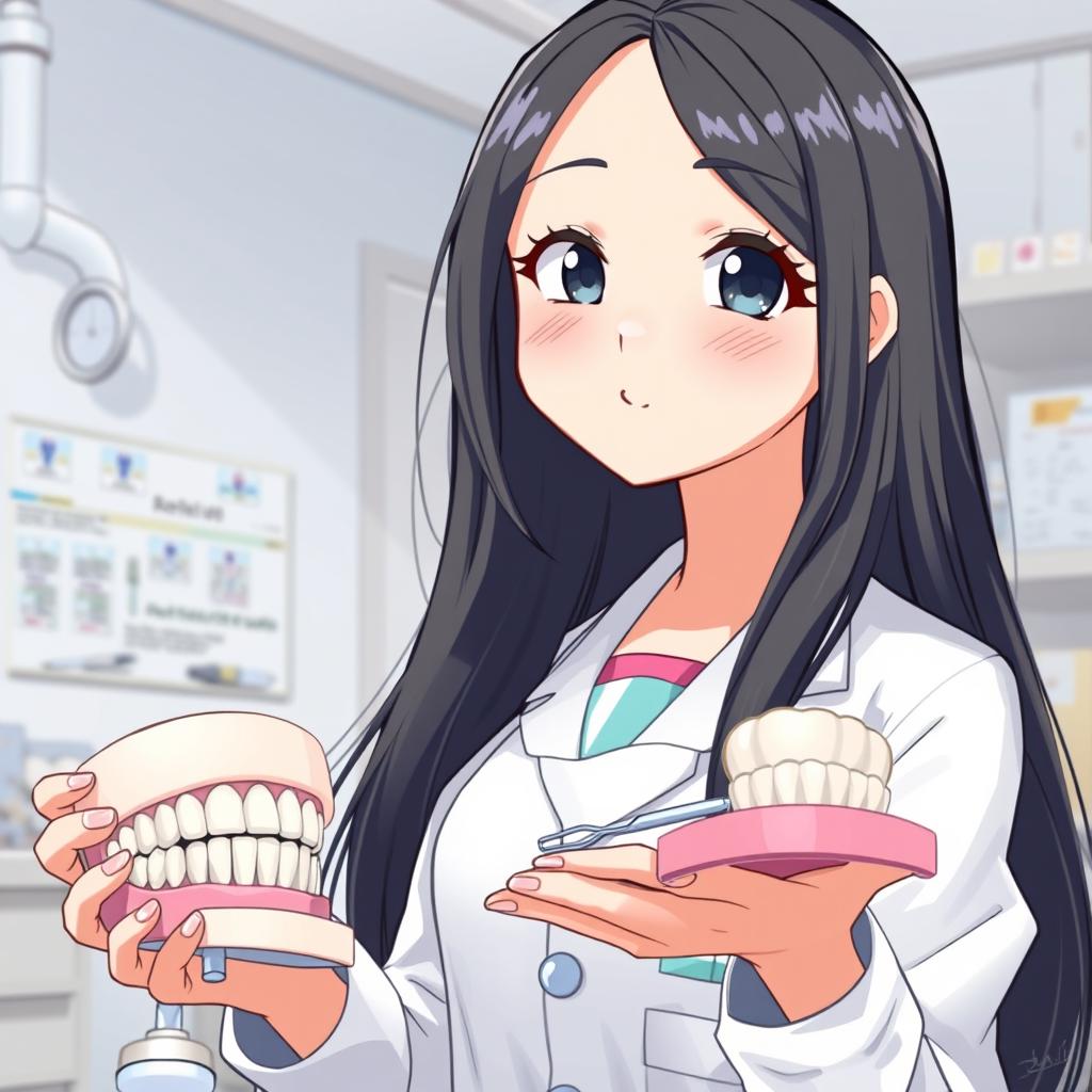 A drawing of a girl studying dentistry, with long black hair flowing down her back
