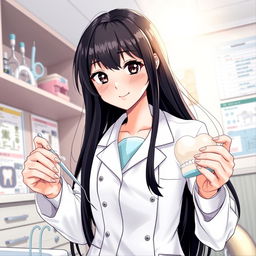 A drawing of a girl studying dentistry, with long black hair flowing down her back