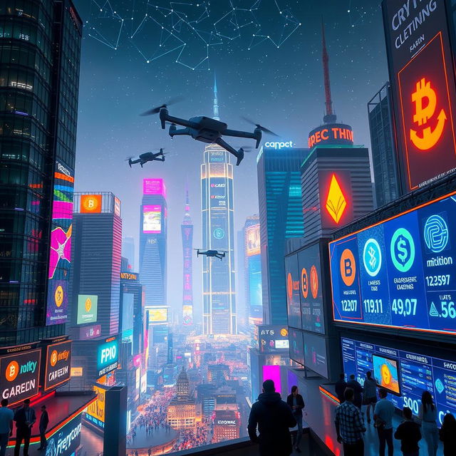 A futuristic cityscape featuring a vibrant cryptocurrency theme, with glowing neon signs displaying various crypto logos and digital currency symbols