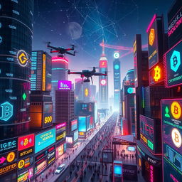 A futuristic cityscape featuring a vibrant cryptocurrency theme, with glowing neon signs displaying various crypto logos and digital currency symbols