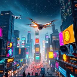 A futuristic cityscape featuring a vibrant cryptocurrency theme, with glowing neon signs displaying various crypto logos and digital currency symbols