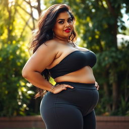 A voluptuous woman with an emphasis on her curvy figure, wearing tight-fitting pants that accentuate her full shapes