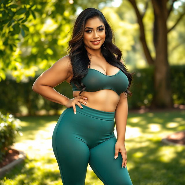 A voluptuous woman with an emphasis on her curvy figure, wearing tight-fitting pants that accentuate her full shapes