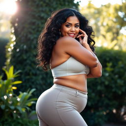 A voluptuous woman with an emphasis on her curvy figure, wearing tight-fitting pants that accentuate her full shapes