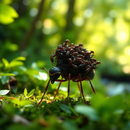 An imaginative scene depicting a solitary ant carrying fifty other ants on its back, showcasing the incredible strength and teamwork of these small creatures