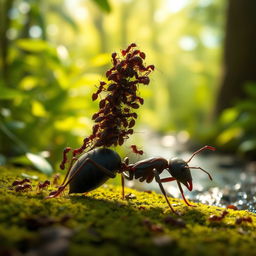 An imaginative scene depicting a solitary ant carrying fifty other ants on its back, showcasing the incredible strength and teamwork of these small creatures