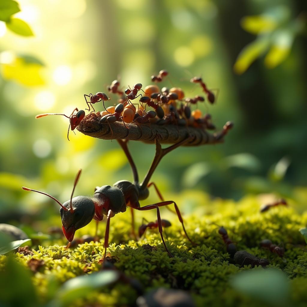 An imaginative scene depicting a solitary ant carrying fifty other ants on its back, showcasing the incredible strength and teamwork of these small creatures