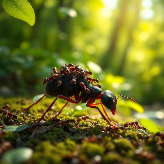 An imaginative scene depicting a solitary ant carrying fifty other ants on its back, showcasing the incredible strength and teamwork of these small creatures