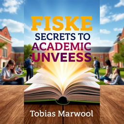An inspiring and motivational book cover design featuring a realistic depiction of a university campus with students engaged in discussions and studying in the background